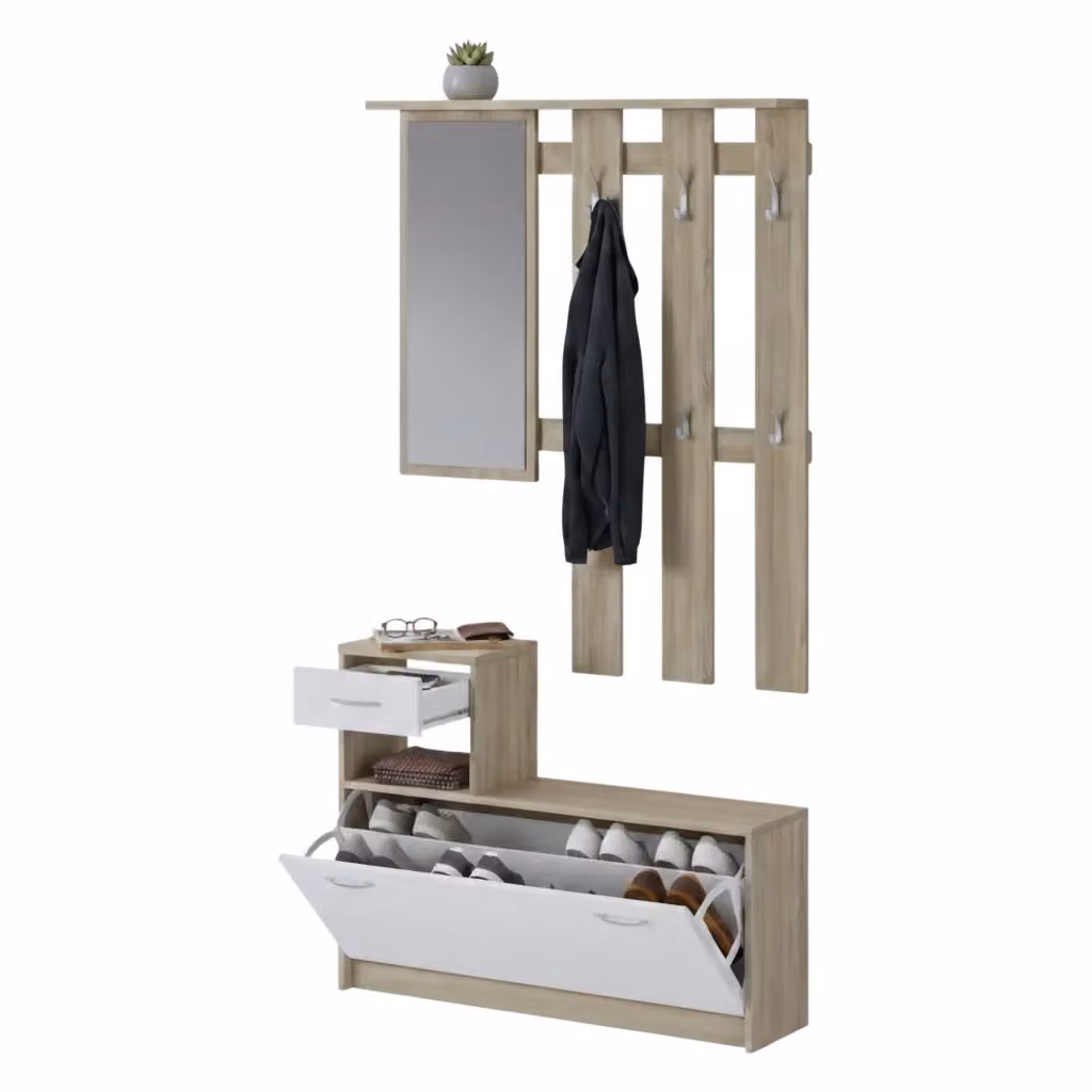 Mobile da ingresso moderno DMORA con specchiera e scarpiera, Bianco e Rovere, L: 100 cm, P: 25,5 cm, H: 181 cm – 2