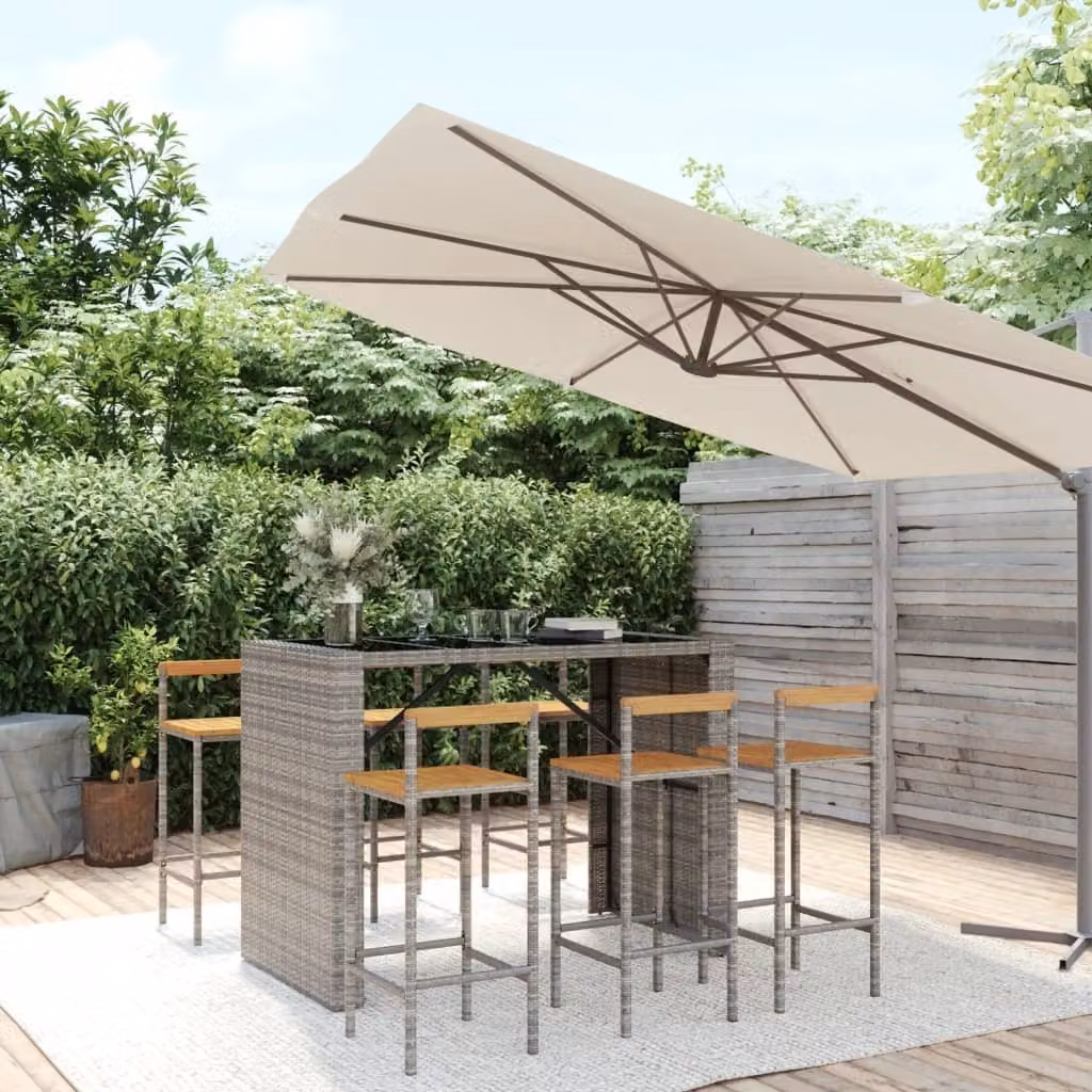 The Living Store Set bar da giardino 7 pezzi in poly rattan grigio e legno massiccio di acacia