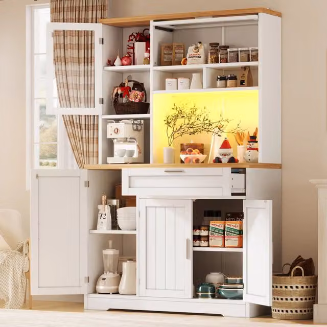 Credenza alta da cucina LED con 5 ante, cassetto e piano di lavoro per cucina e soggiorno bianca 104 × 40 × 180 cm