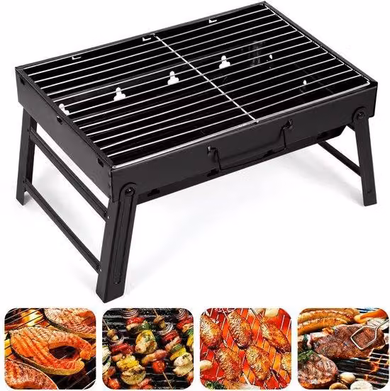 Ibenzoa® Griglia per barbecue a carbone – griglia da campeggio portatile in acciaio inossidabile, pieghevole, dimensioni 52×29,5×22,2 cm (piegata 44×6×30 cm), per 5-7 persone, con 5 aperture di ventilazione per lato