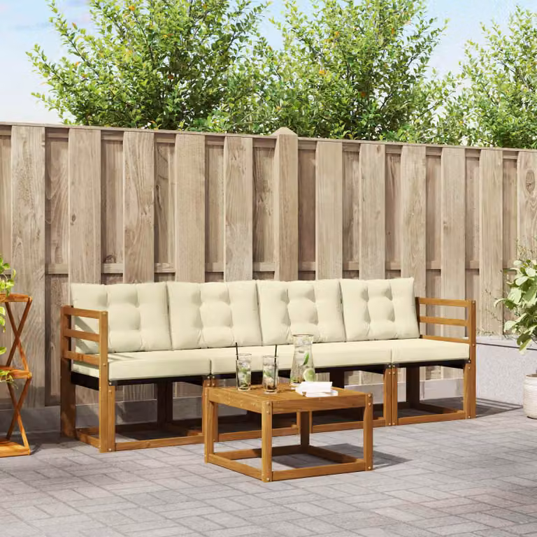 Set di divani da esterno vidaXL 5 pezzi in legno di acacia con tavolino e cuscini, colore beige e bianco