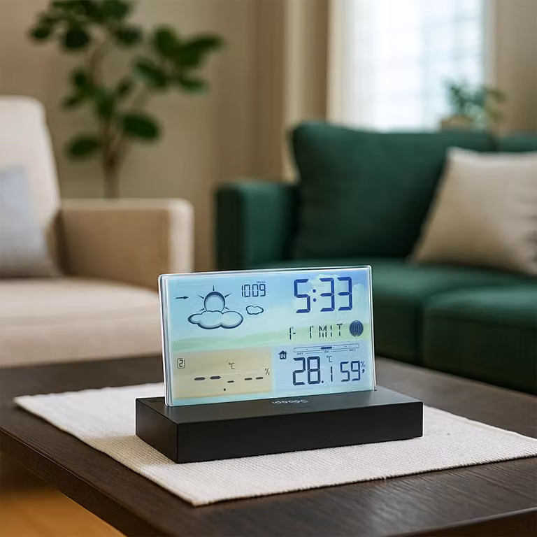 Stazione meteorologica moderna e colorata, dal design minimalista: display LCD senza cornice per previsioni meteorologiche precise e igrometro, con sensore esterno