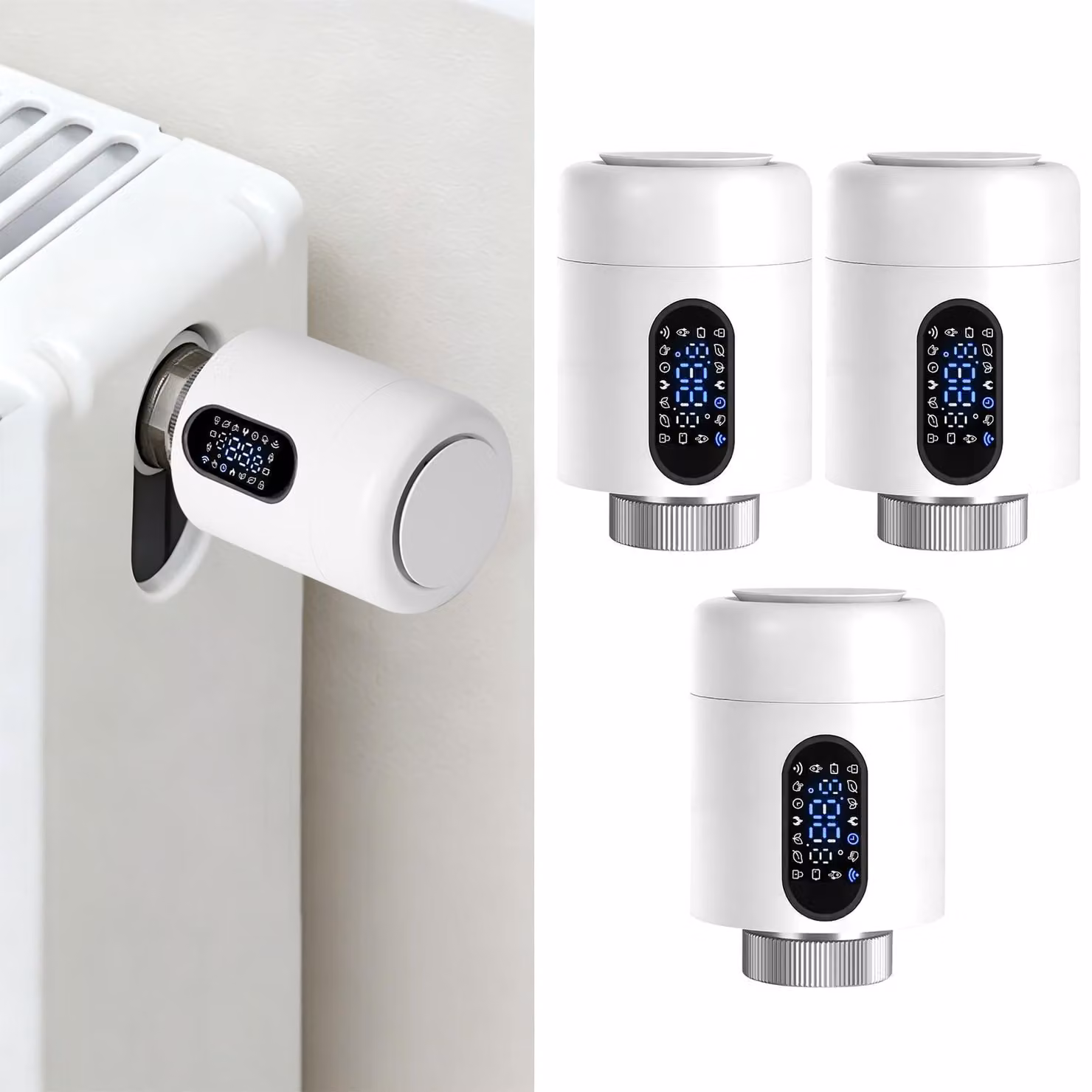 Set di 3 termostati per radiatori Ikodm, termostati intelligenti bianchi, controllo tramite app Wi-Fi, rilevamento finestre, protezione antigelo, 7 adattatori
