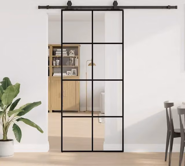 Porta Scorrevole Moderna VIDAXL in Vetro Trasparente con Telaio in Alluminio e Ferramenta Nera L: 90 cm, H: 205 cm