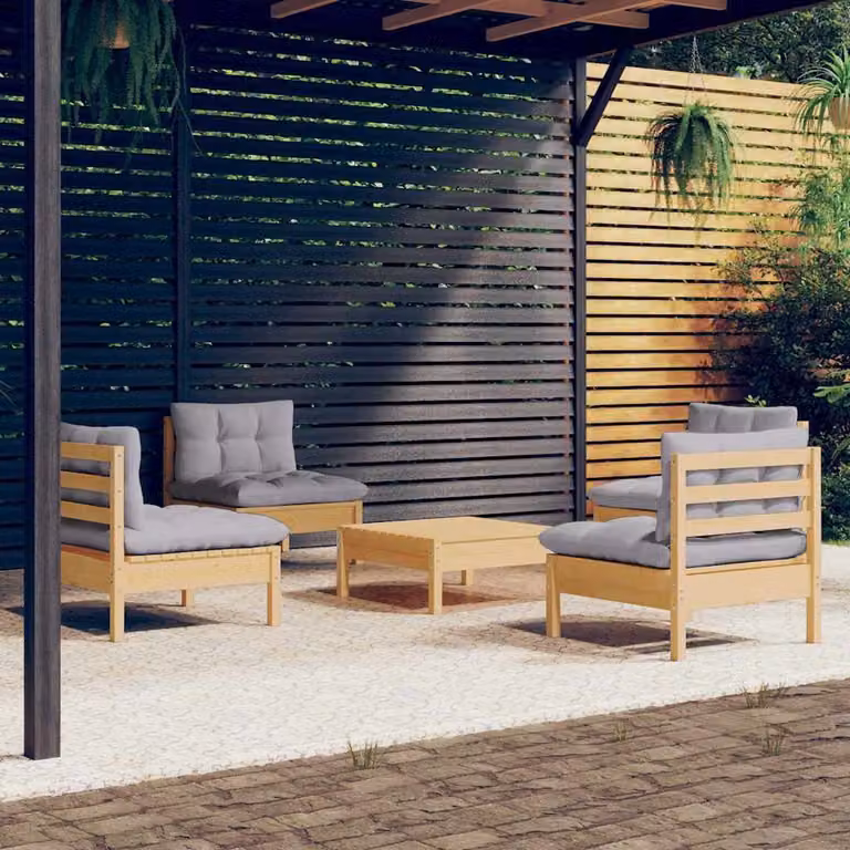 Set Divani da Giardino vidaXL 5 Pezzi in Legno di Pino Trattato con Cuscini Grigi e Design Moderno a L