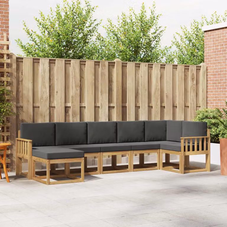 Set di divani da esterno vidaXL a forma di L composto da 7 pezzi in legno di acacia con cuscini bianchi e antracite