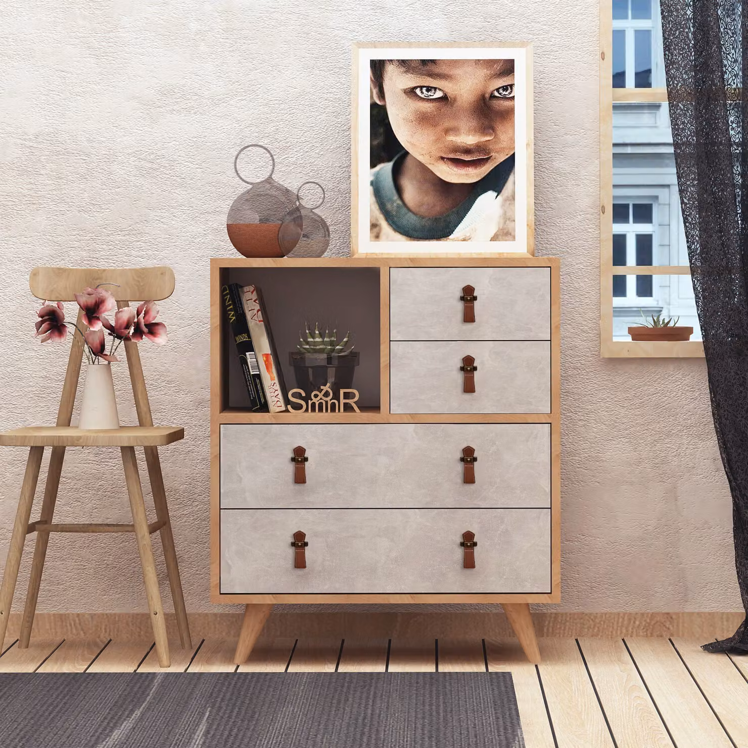 Skye Decor, Witlof- WitlofMDD, color rovere, bianco, cassettiere, 88,6x70x40 cm, pannello truciolare rivestito al 100% in melamina