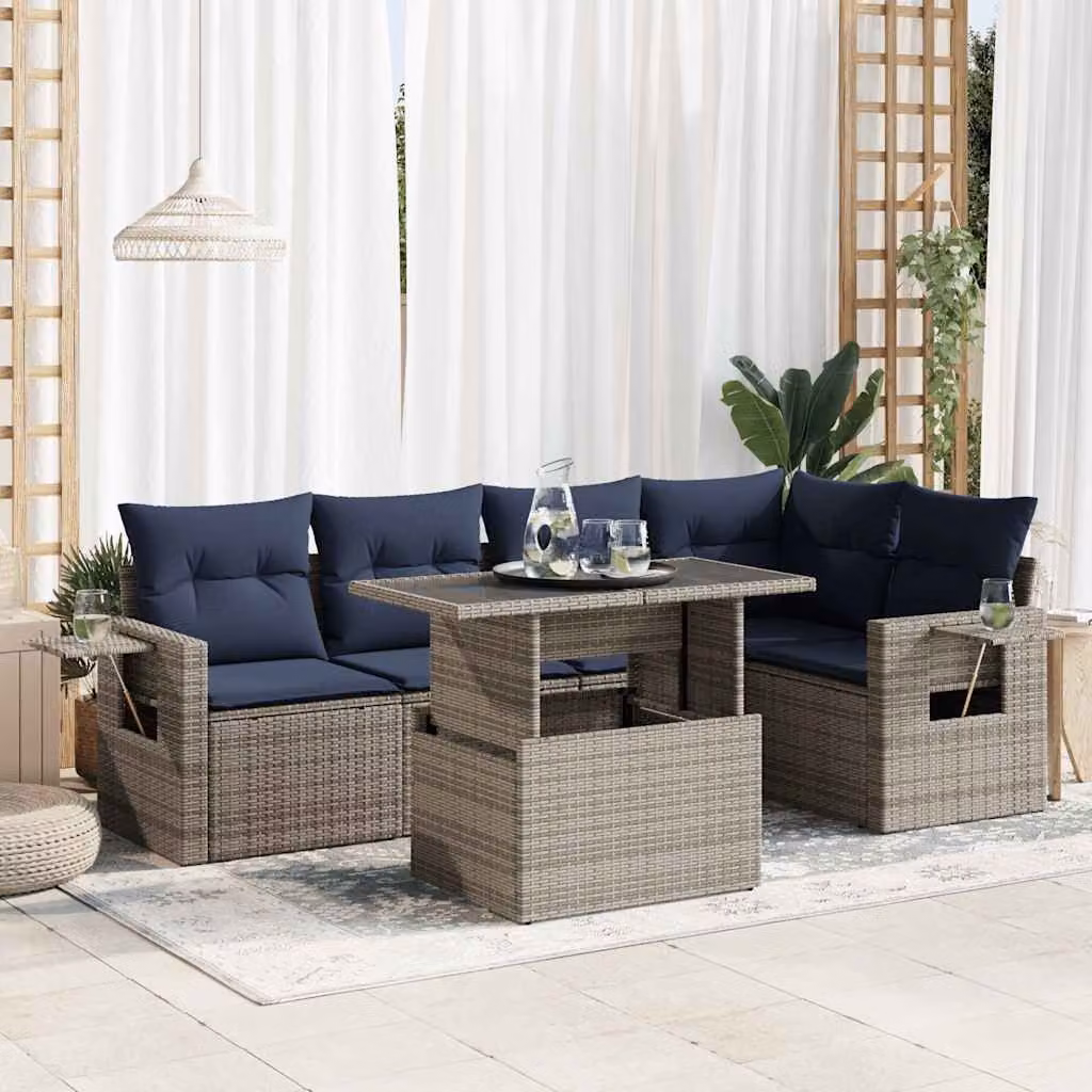 Set Divano da Giardino vidaXL 6 Pezzi a Forma di L con Tavolino in Vetro e Cuscini Blu e Grigio in Polyrattan e Metallo