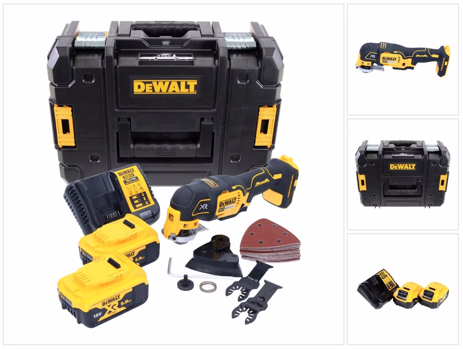 DeWalt DCS 355 P2 18V XR Utensile multifunzione ad oscillazione a batteria in valigetta TSTAK + Kit 29 pezzi + 2x Batterie 5,0 Ah + Caricatore