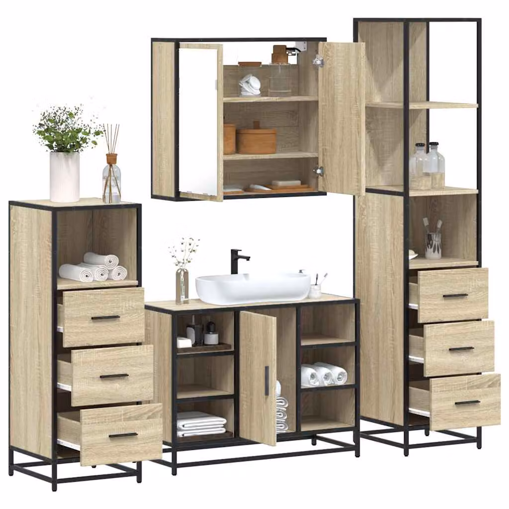 Set di mobili da bagno vidaXL 4 pezzi in stile industrial marrone con armadietto specchio, mobile lavabo, mobile laterale e colonna alta