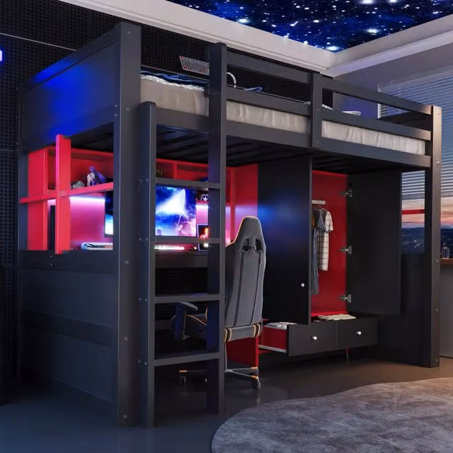 Letto a soppalco 90×200 cm con scrivania, armadio, cassetti, LED e prese, senza materasso, nero e rosso