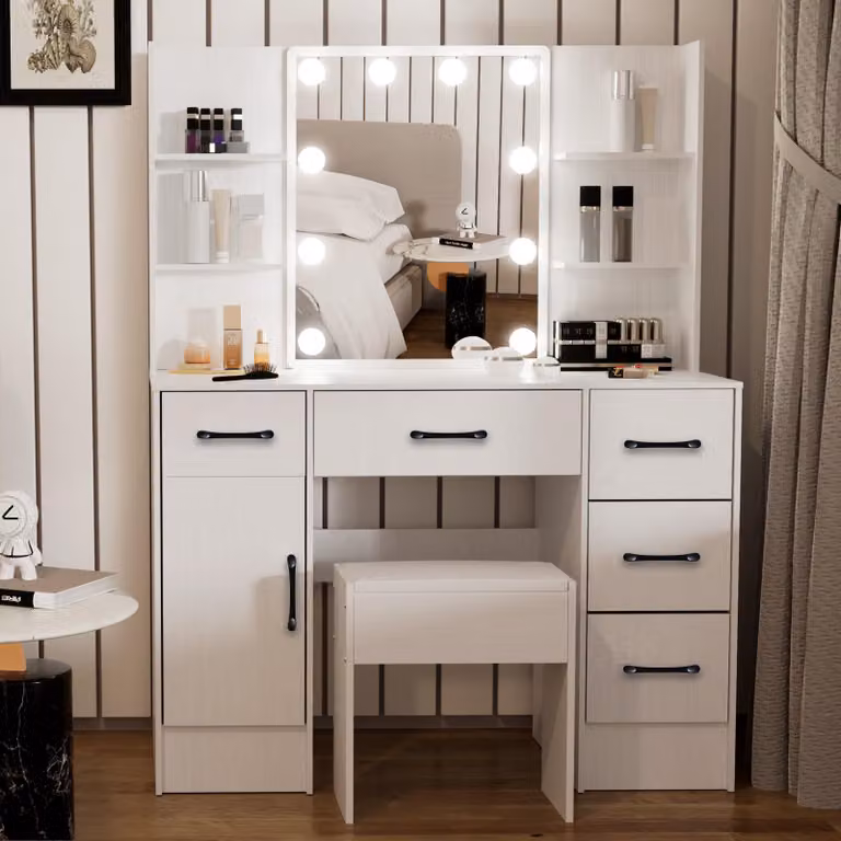Tavolino da trucco con specchio a LED, bianco, 5 cassetti, in legno, per la camera da letto