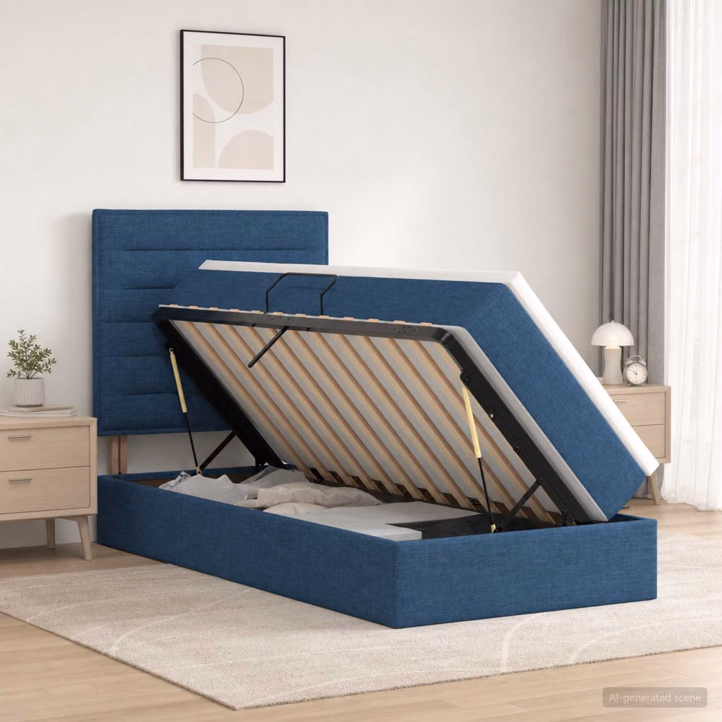 Letto con contenitore e materasso vidaXL in tessuto blu, L/P/H: 90 x 200 x 128 cm
