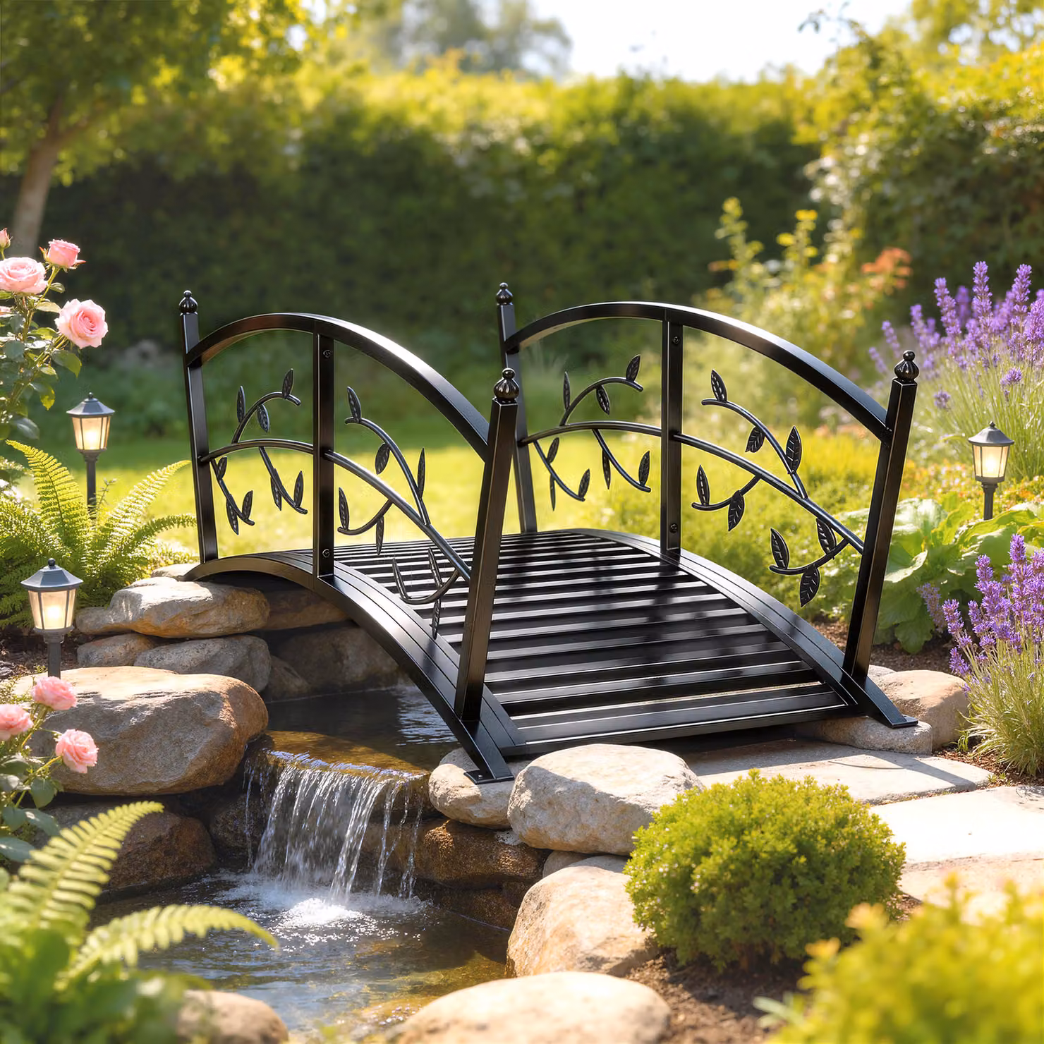 Ponte da giardino decorativo Outsunny in metallo con design a foglie e ringhiere di sicurezza, Nero, L: 120 cm – 2