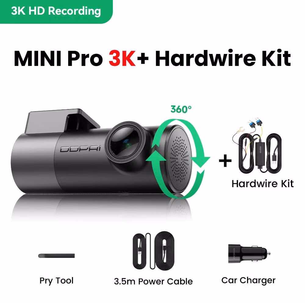 MINIPro 3K - Telecamera da cruscotto - Risoluzione 2880 x 1620 a 30 fotogrammi al secondo - Angolo di visione ampio di 121° - Visione notturna - WiFi - Monitoraggio del parcheggio 24 ore su 24 - Scheda SD da 64 GB