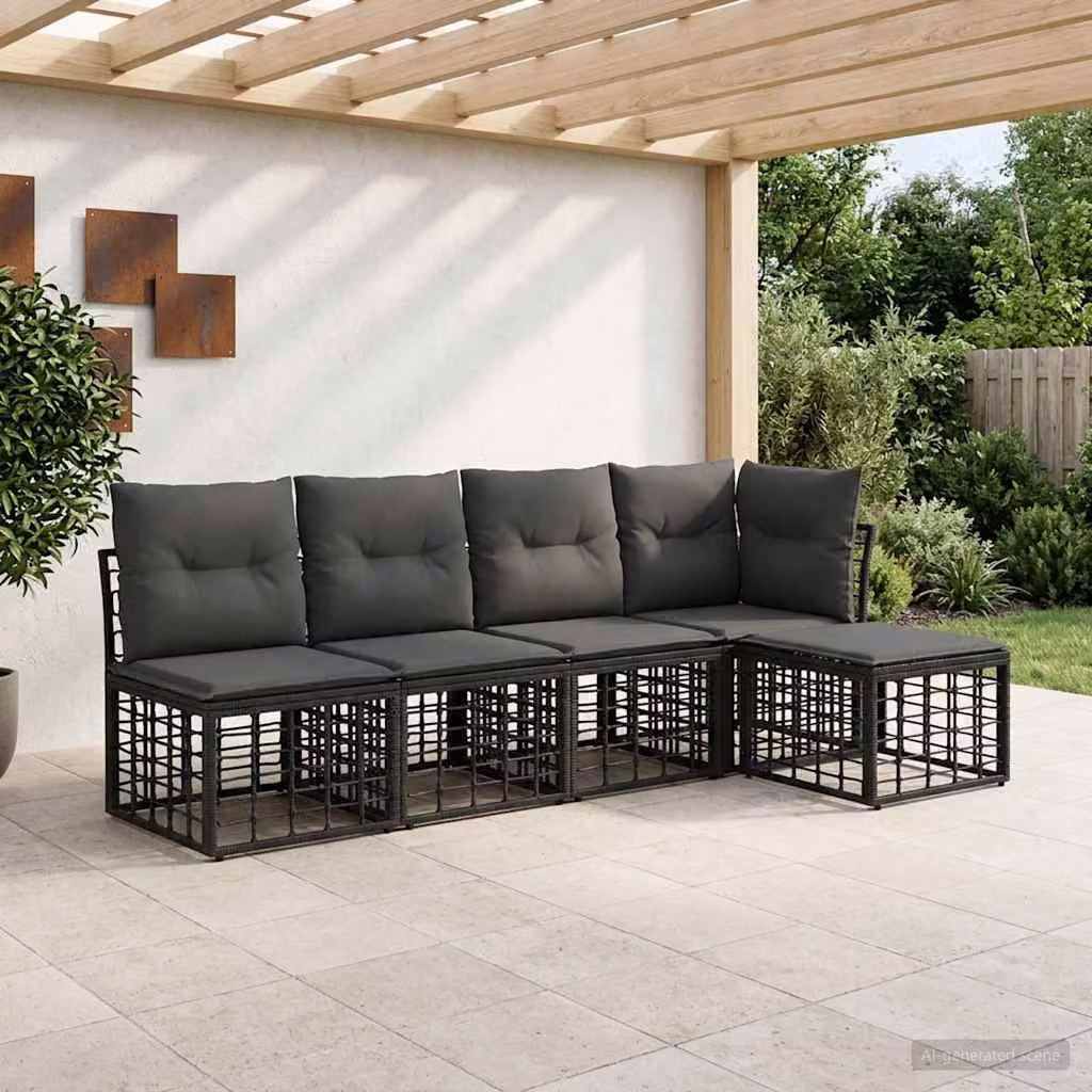 Set di divani da esterno vidaXL a forma di L in polyrattan con pouf e cuscini, colore antracite e nero