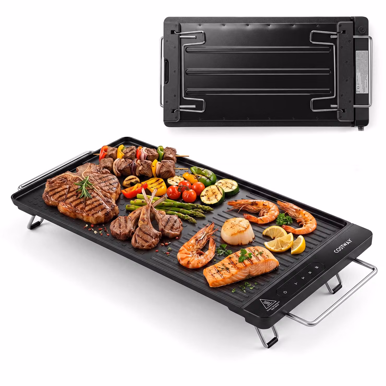 Piastra grill elettrica Costway da 1300W con termostato regolabile, manici retrattili e gambe pieghevoli, colore nero
