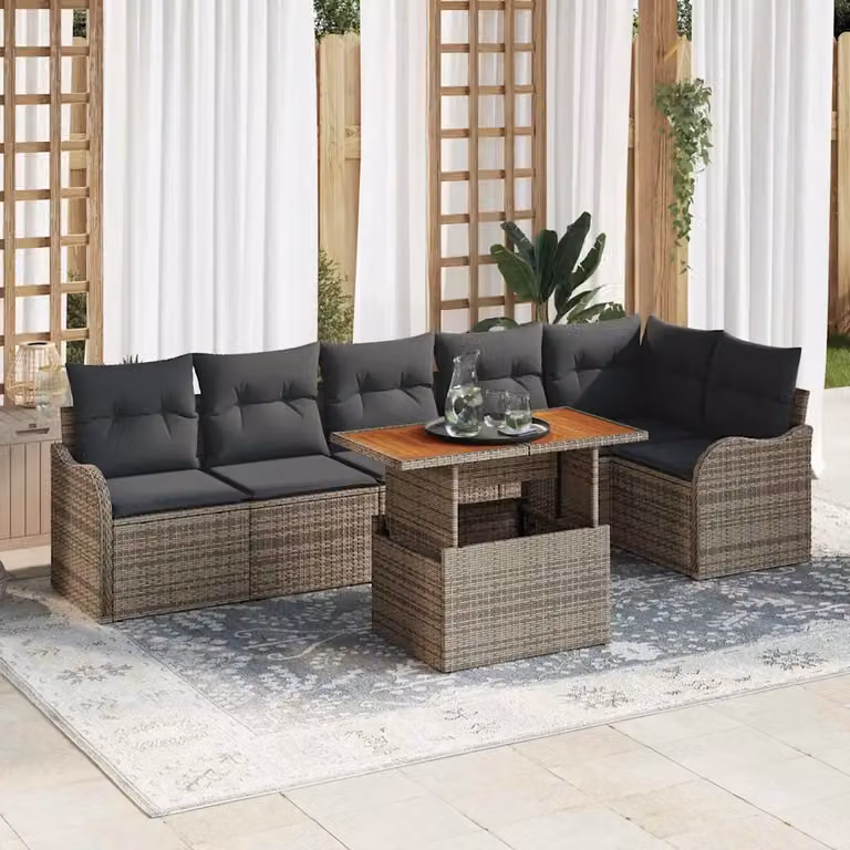 Set Divano da Giardino vidaXL 7 Pezzi a Forma di L Grigio con Cuscini e Tavolino da Caffè in Rattan e Metallo