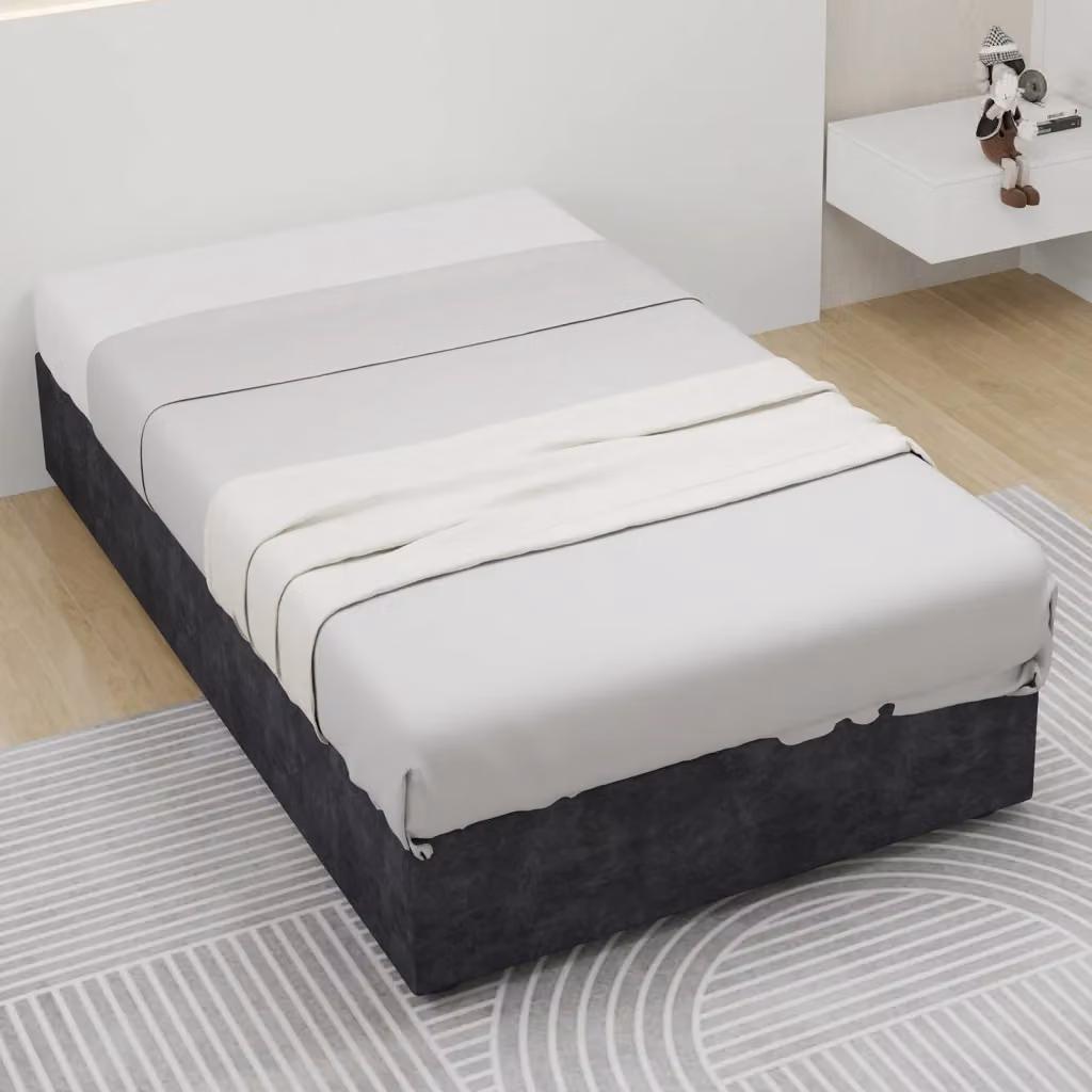 Letto singolo OKWISH moderno con base a sollevamento, struttura in tessuto e metallo, grigio, L/P: 90 x 200 cm – 2