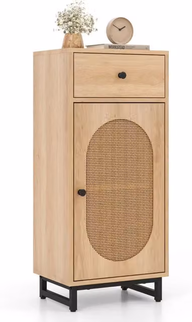 Mobiletto da terra in stile scandinavo con ante a battente e cassetto in rattan e metallo, colore beige, L: 40 cm, P: 30 cm, H: 91 cm – 1