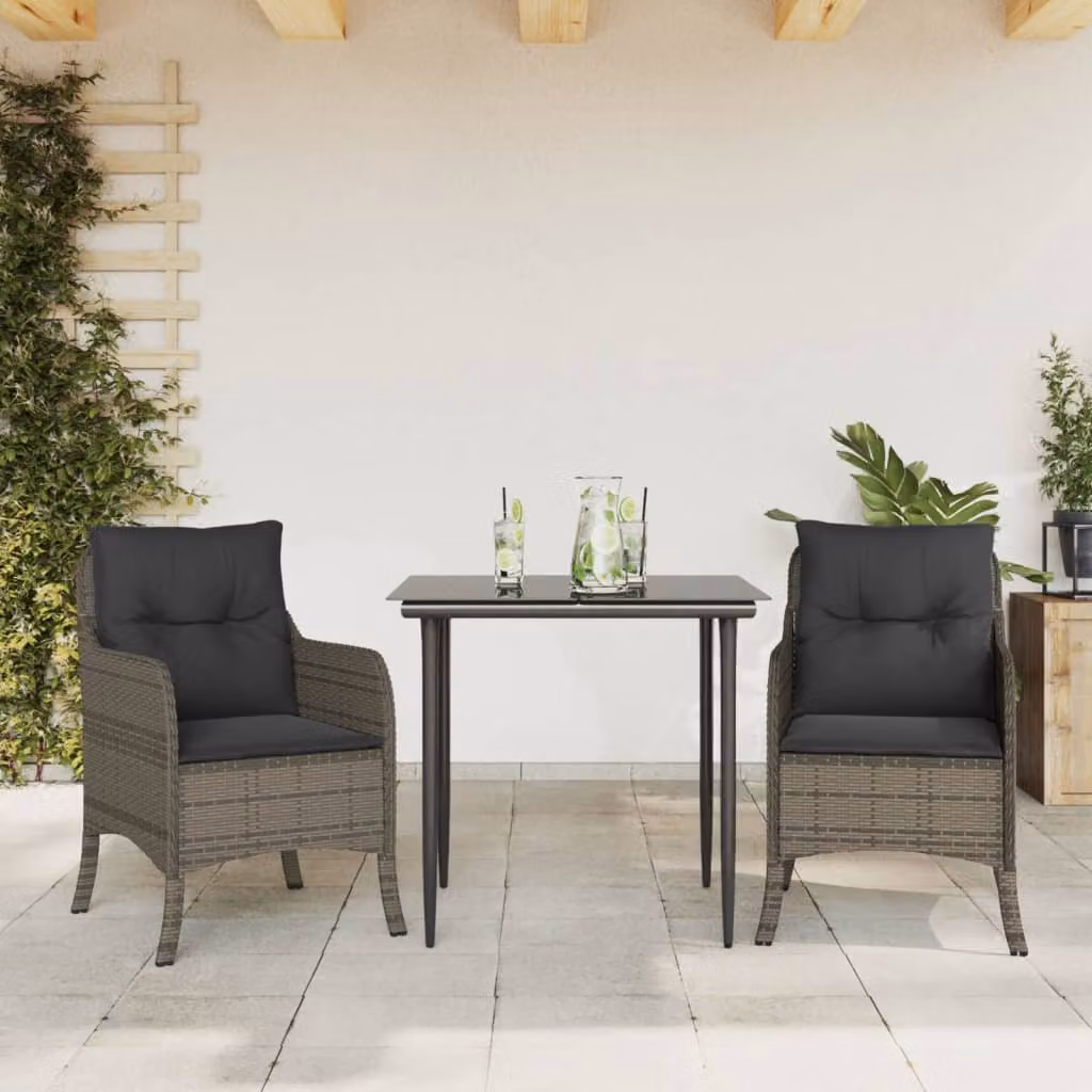 Set da Pranzo da Giardino Moderno vidaXL in Polyrattan e Metallo con Cuscini e Tavolo in Vetro Grigio e Nero