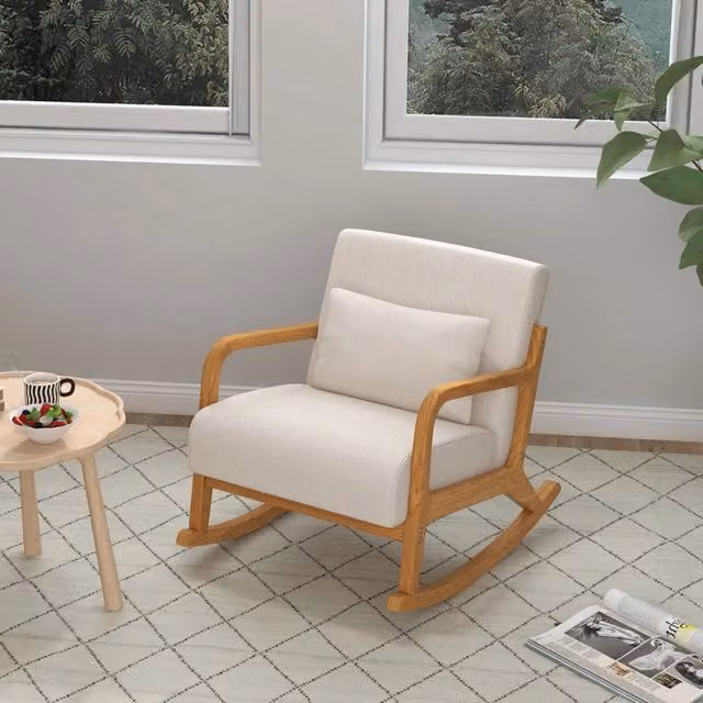 Poltrona a dondolo moderna WISHDOR con struttura in legno e imbottitura in tessuto, colore bianco – 1