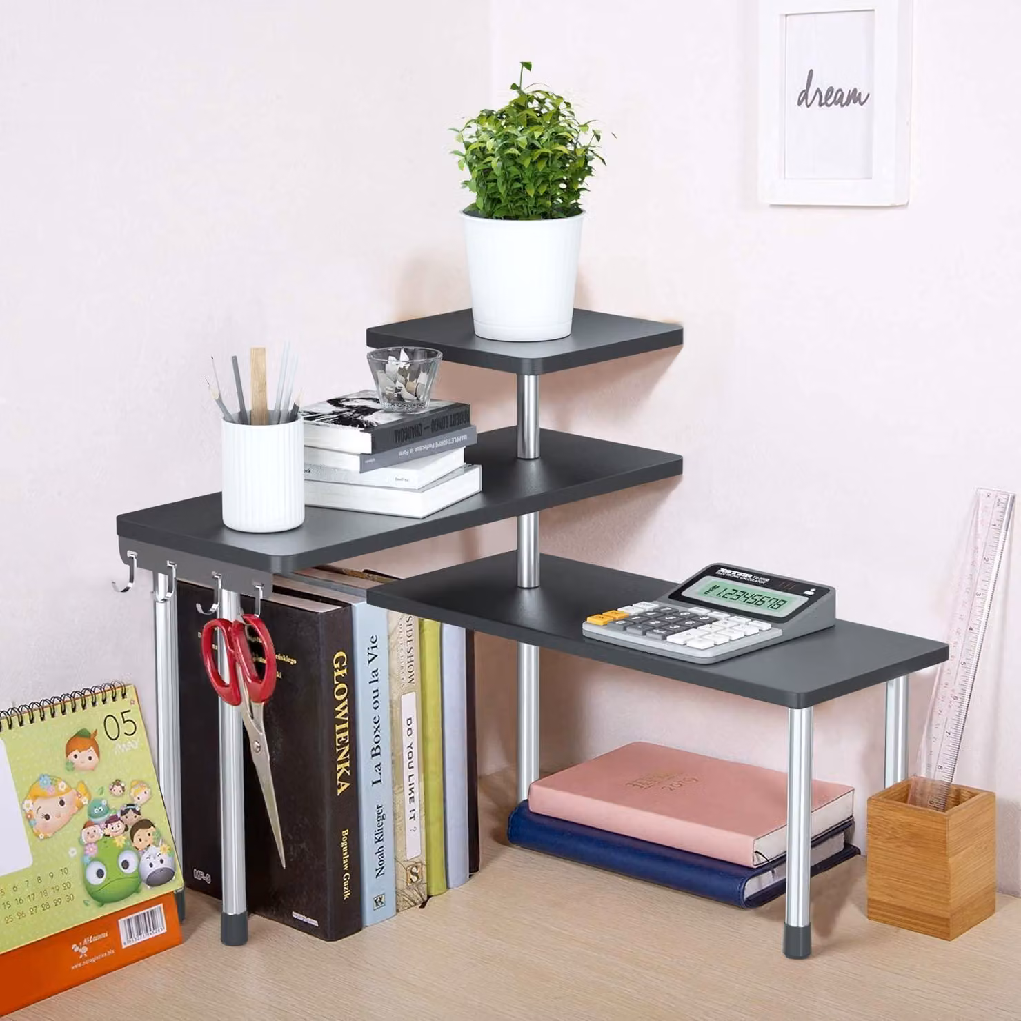 Scaffale angolare a 3 ripiani, organizer per la cucina, da appoggiare sul piano di lavoro, colore nero