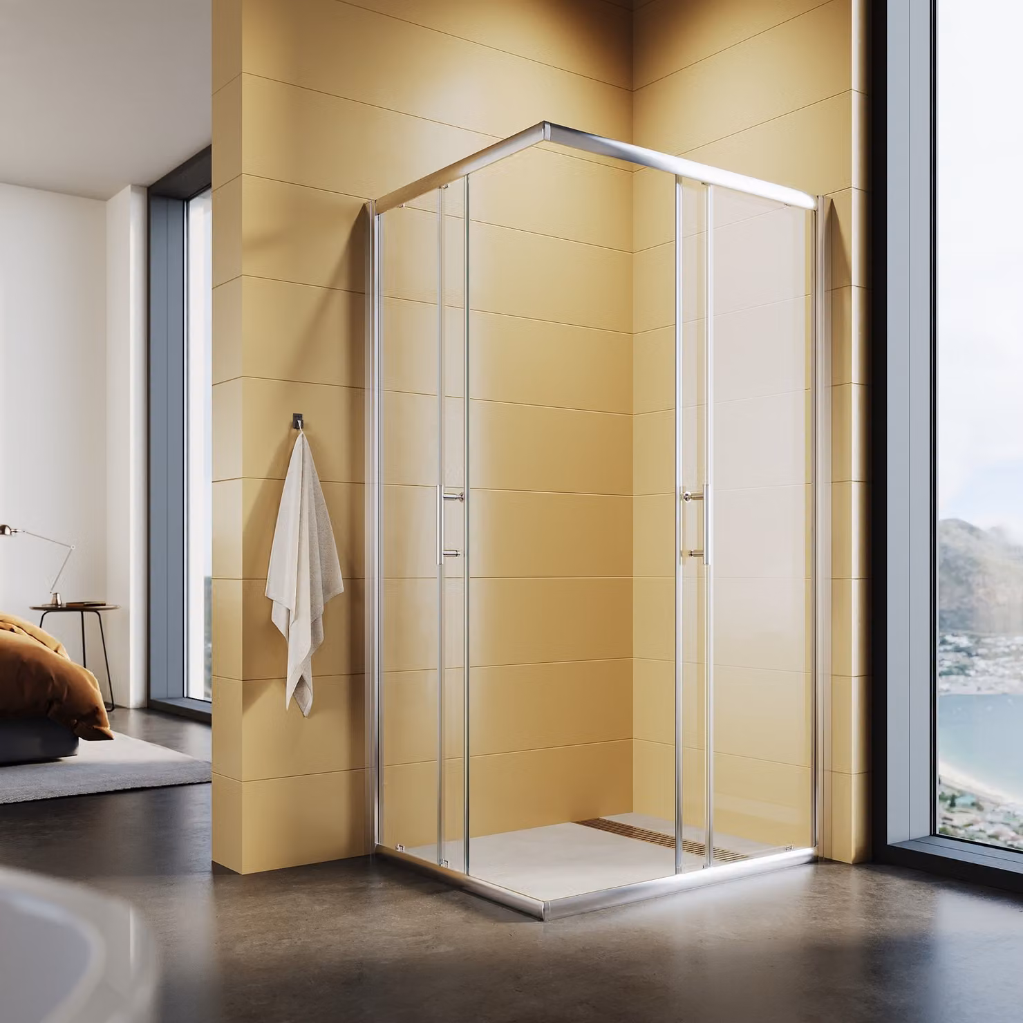 Cabina doccia SONNI 90x76x195cm, doccia a doppia porta scorrevole monoblocco, doccia angolare in vetro ESG