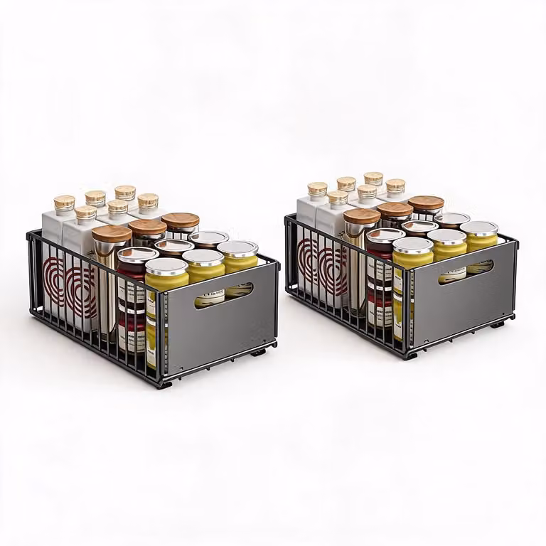Set di 2 estrattori da utilizzare sotto l'organizzatore del lavandino, realizzati Acciaio al carbonio. Include un cassetto estraibile e una base regolabile. Struttura Acciaio al carbonio. Superficie liscia