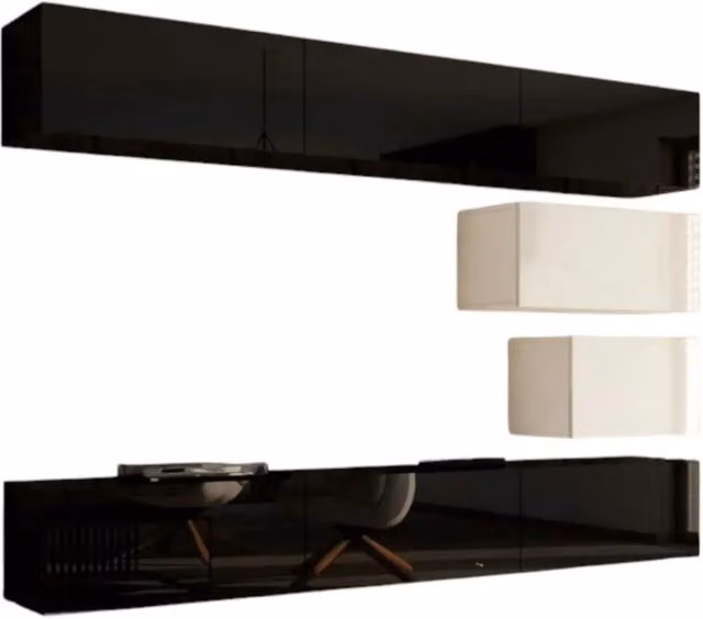 Set di mobili da soggiorno nero e bianco sospesi collezione CEPTO XVI 249cm, 8 pezzi, modulari.