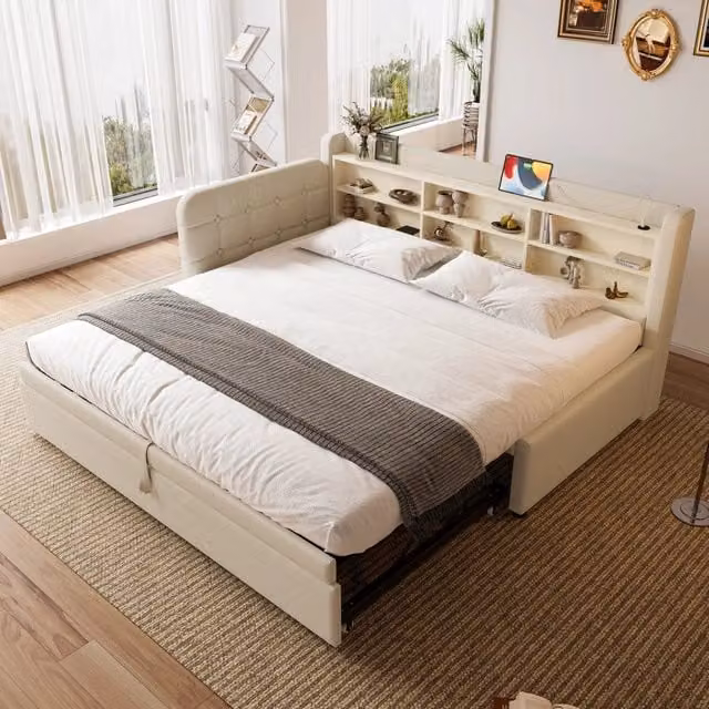 Letto giorno funzionale in lino beige 180x200 cm