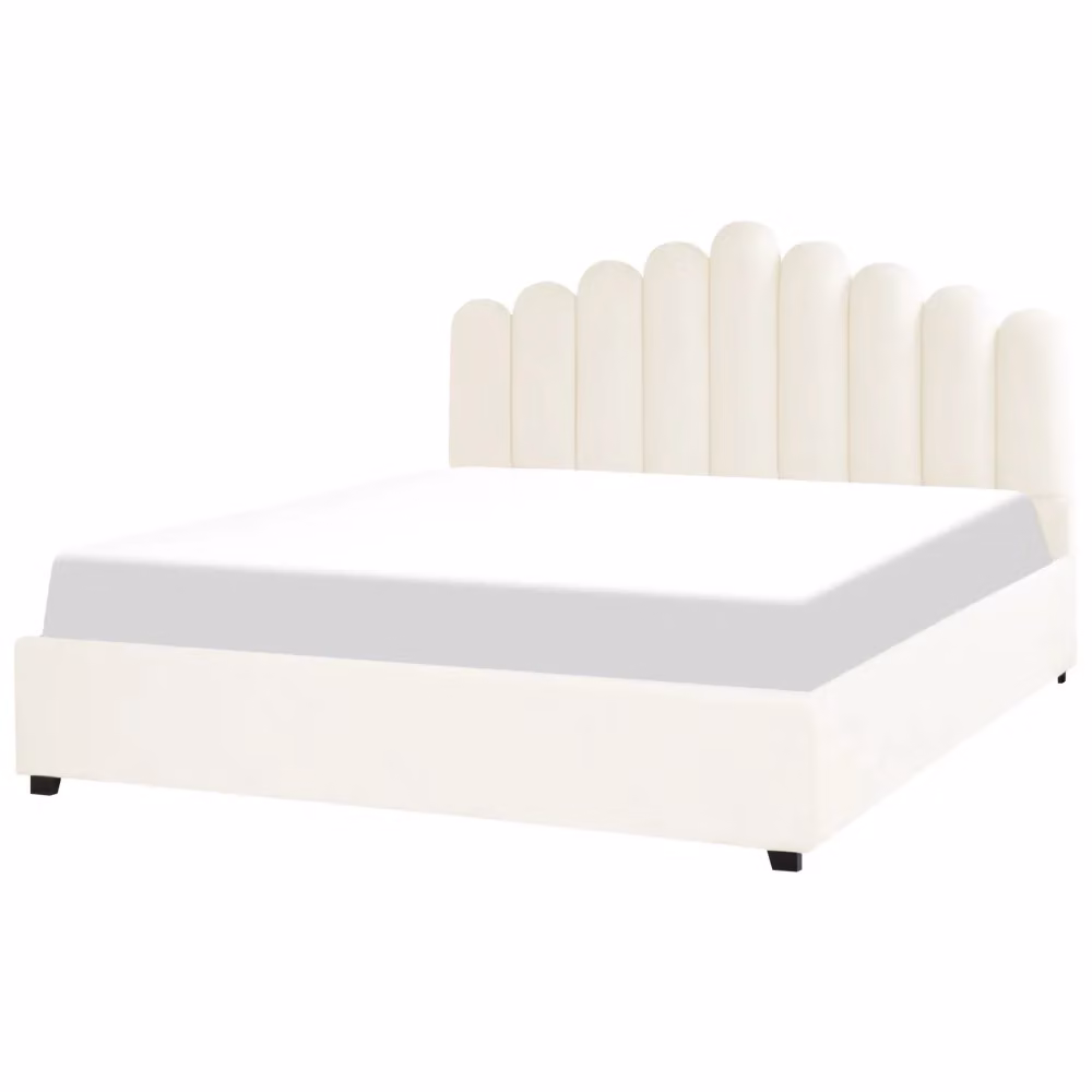 Letto contenitore matrimoniale Beliani in velluto bianco con testiera a conchiglia e rete a doghe L/P/H: 214 x 180 x 125 cm – 2