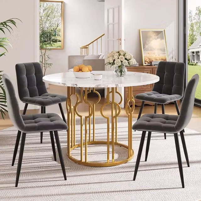 Set tavolo-Xylo-100cm rotondo 4 sedie grigio piedi dorati