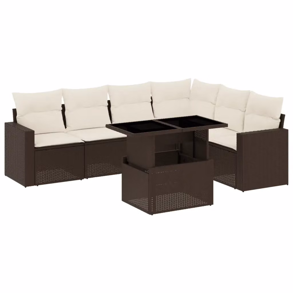 vidaXL Set Divani da Giardino 7 pz a Forma a L con Cuscini Marrone e Bianco in Polyrattan – 2