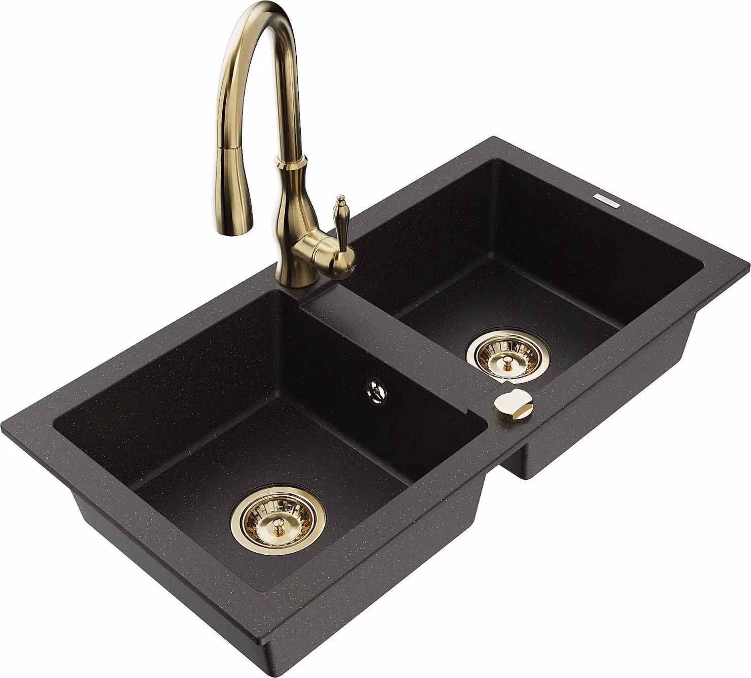 Mexen Mario lavello da cucina in granito a 2 vasche con rubinetto da cucina Savita, nero/oro metallizzato - 6504-75-672601-50
