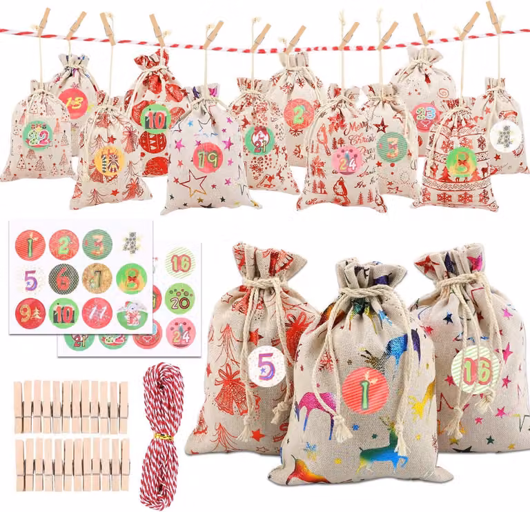 Sacchetti natalizi per calendario dell'Avvento - Piccoli sacchetti - 24 sacchetti in juta per calendario dell'Avvento, con corda per appenderli, ideali per creare un calendario dell'Avvento fai-da-te da riempire con piccoli regali