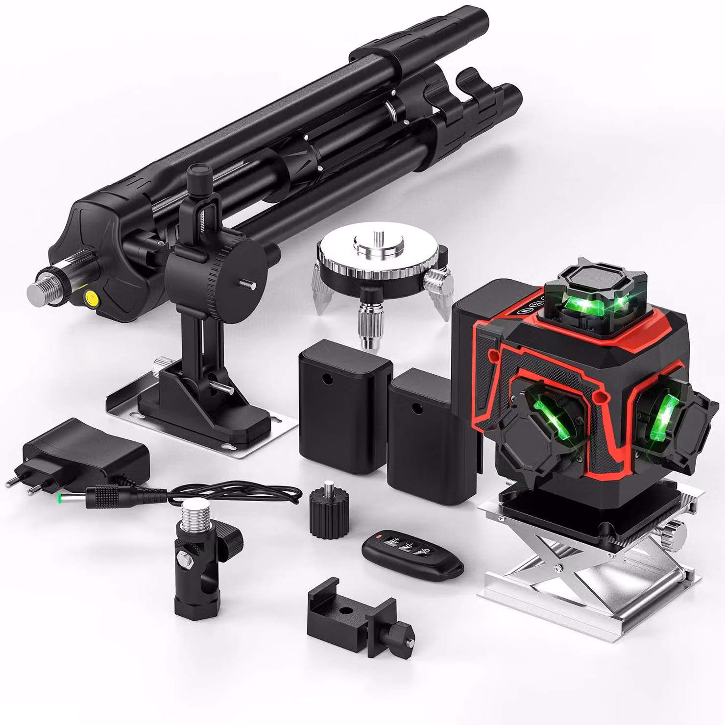 Livella laser 4D a 16 linee - Treppiede regolabile - Autolivellamento a 360° - Linee orizzontali e verticali - Batteria inclusa - Colore: rosso