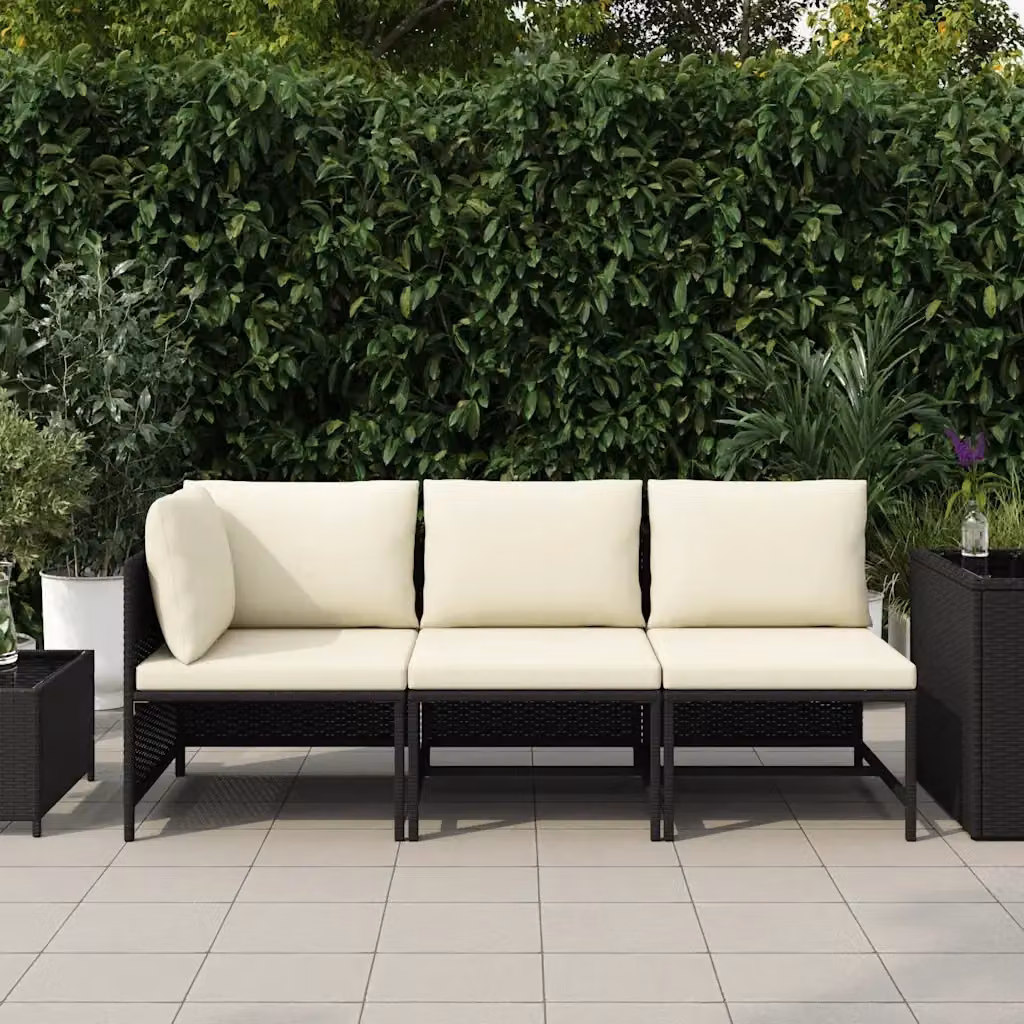 Set di Divani da Giardino a L vidaXL in Rattan con Cuscini Bianchi e Struttura in Metallo Nero – 2
