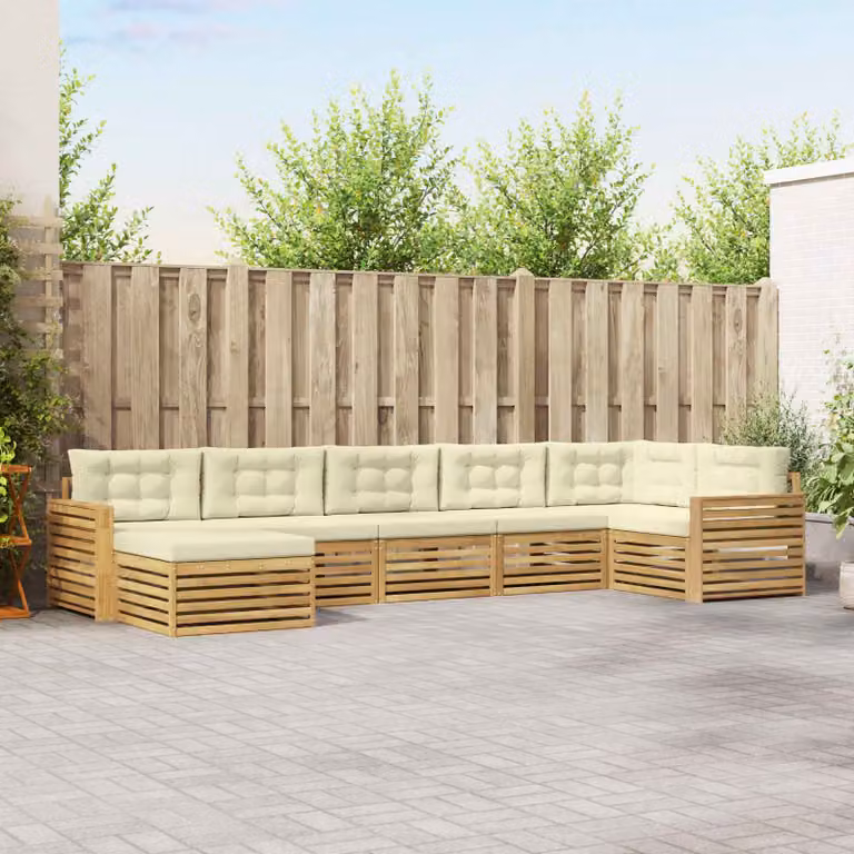 Set di divani da esterno vidaXL a forma di L composto da 7 pezzi in legno di acacia con cuscini in bianco, beige e marrone