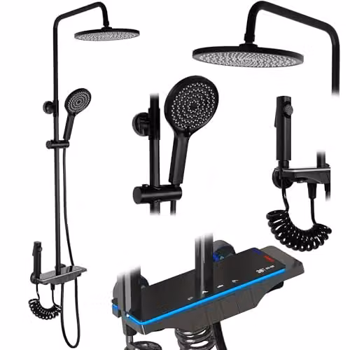 Rea - Colonna Doccia Savio Led Nero Ottone Sistema Doccia Per Bagno (Nero) 13 X 28 X 120 cm