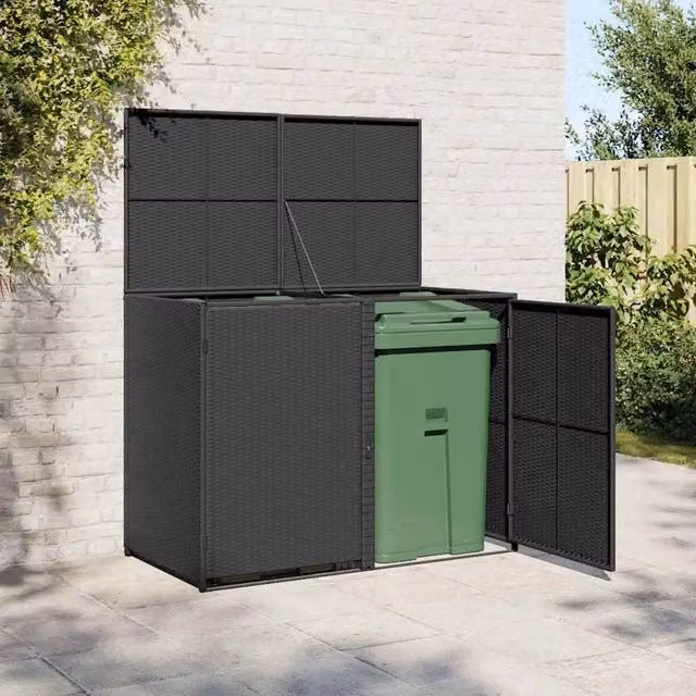 Copribidone Doppio Polyrattan Nero 148x80x111cm per Bidoni Rifiuti da Esterno