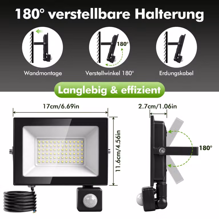 Faretto LED da esterno - 50 W - 3000 K - Sensore di movimento - Impermeabile - 220–240 V - Confezione da 1 pezzo