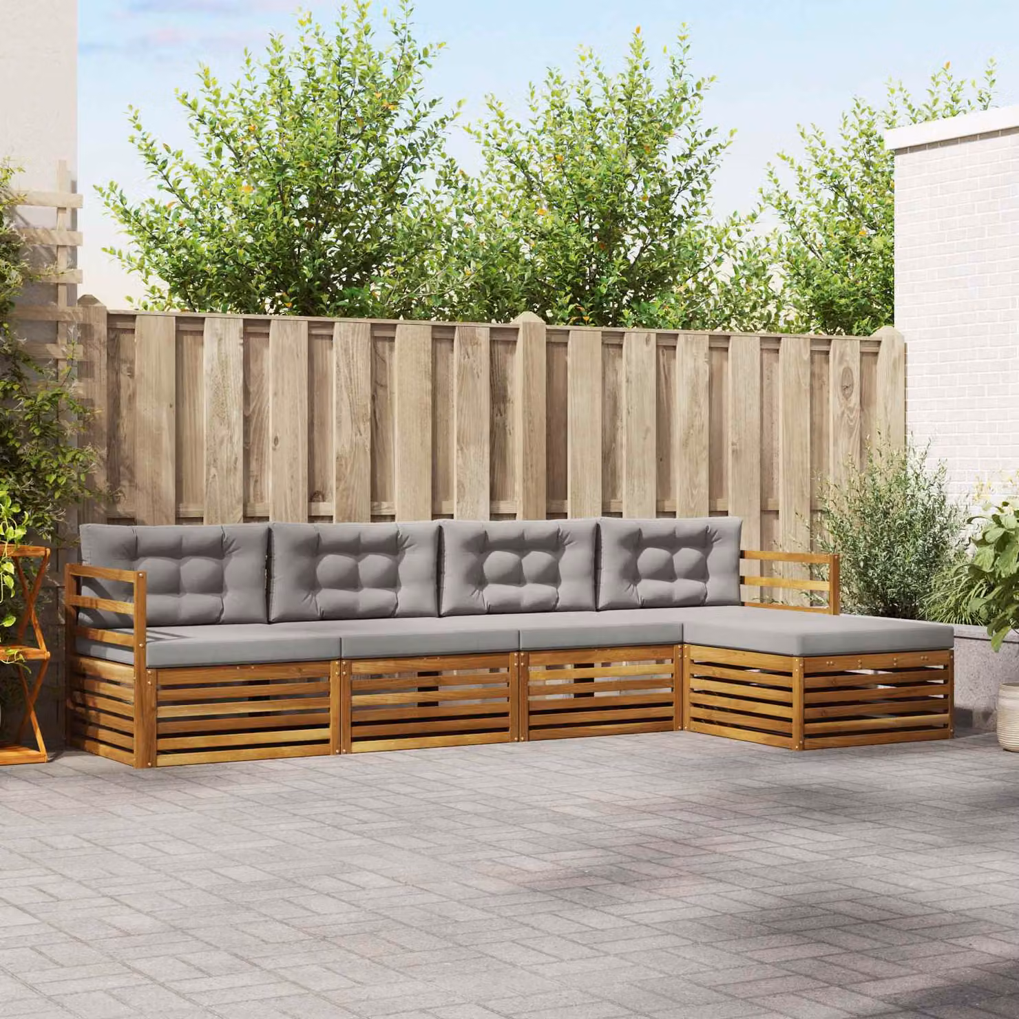 Set di divani da esterno vidaXL a forma di L in legno di acacia con pouf e cuscini, Beige e Grigio