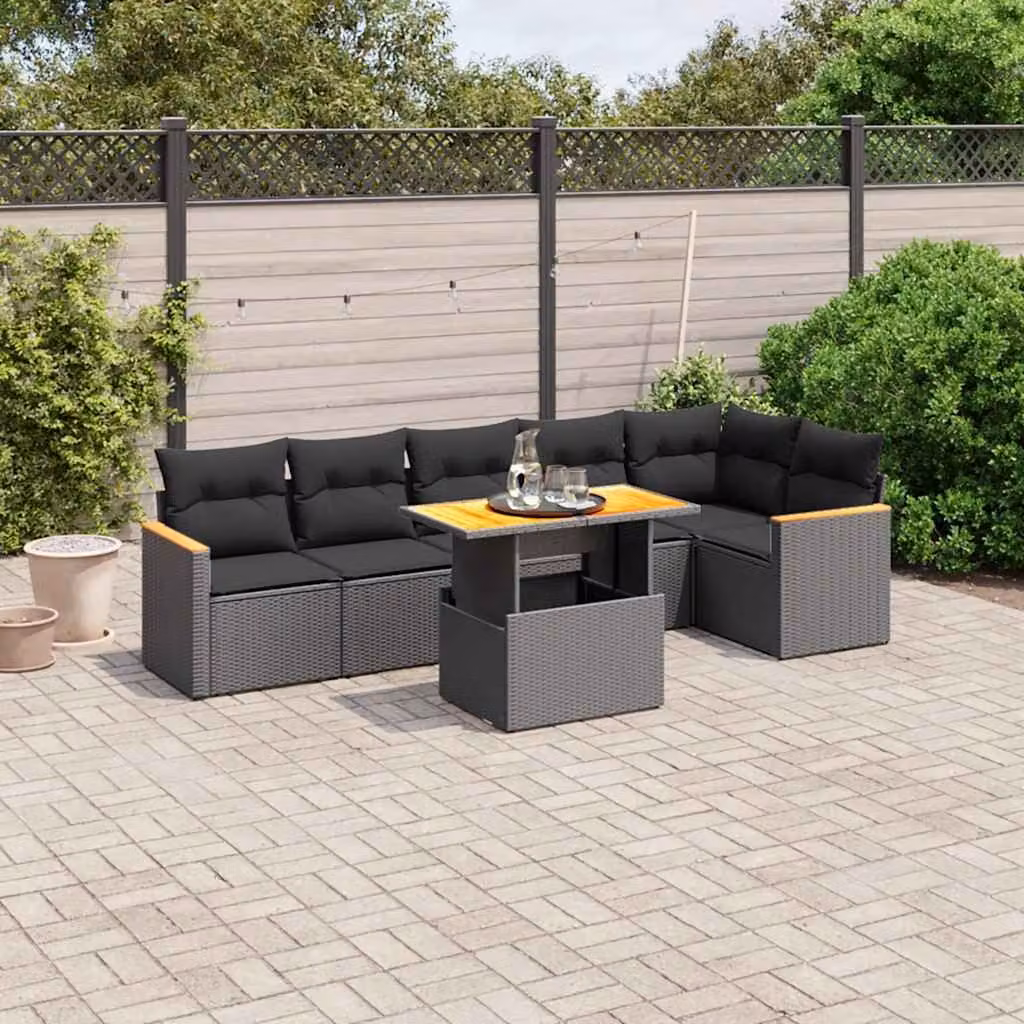 vidaXL Set Divano da Giardino a L con Cuscini 7pz Nero in Polyrattan e Legno di Acacia – 1