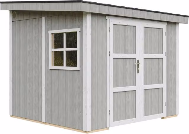 Casetta da giardino Timbela M938B Tundra Grey in legno con tetto a spiovente e finestre, superficie 5,9 m², H 231 x L 248 x P 294 cm