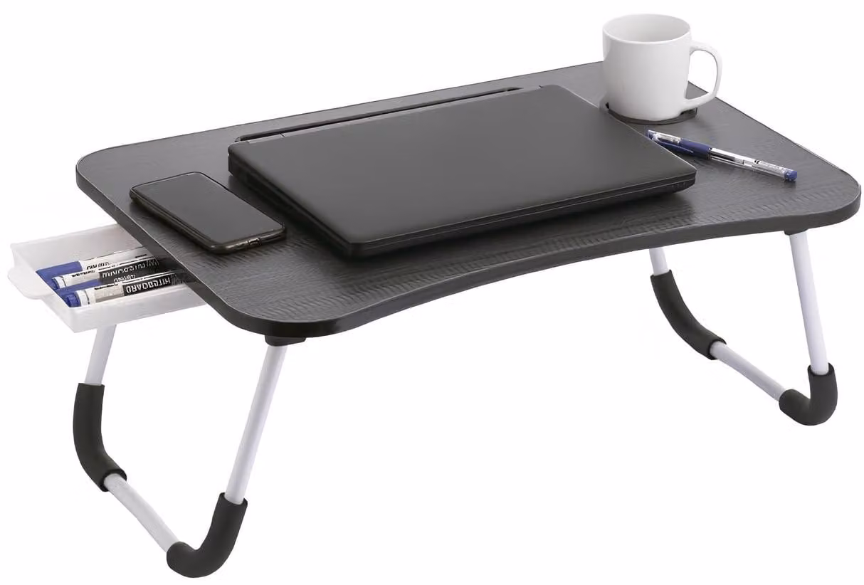 Omgoods - Tavolo pieghevole per laptop con cassetto, 60 x 40 x 26 cm, nero