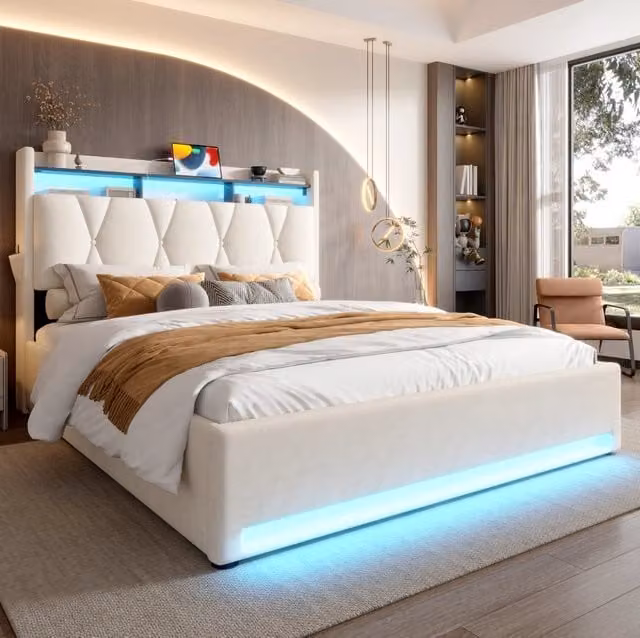 Letto contenitore 140x200 cm con testiera portaoggetti e LED; velluto beige (Senza materasso)