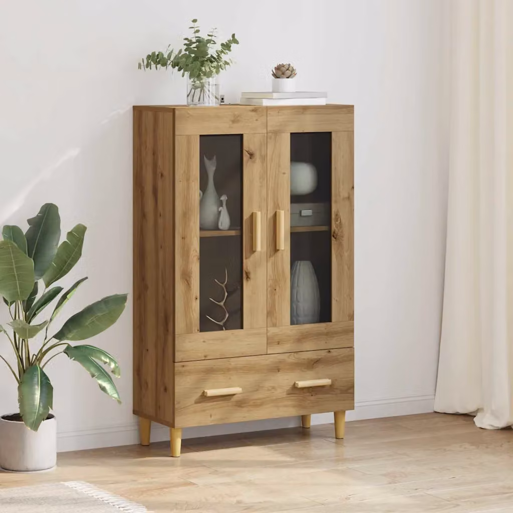 Credenza moderna vidaXL in rovere con ante in vetro e cassetti, L/P/H: 70 x 31 x 115 cm