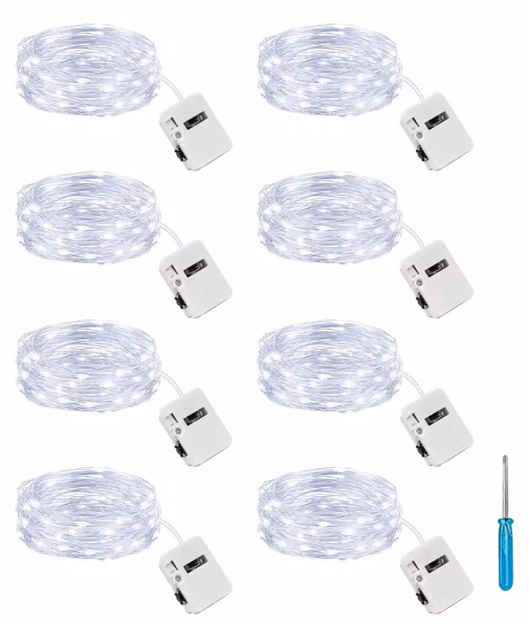 Mini catena luminosa, confezione da 8 pezzi, lunghezza 2 metri, 20 LED, luce bianca fredda, alimentazione a batteria