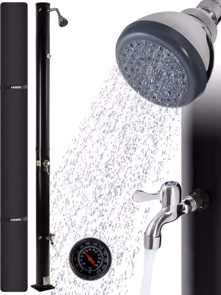 Doccia solare AREBOS 20 litri | 228 cm | termometro integrato e doccia a pedale | nero | fino a 60°C | con attacco per tubo da giardino